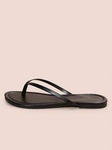 Women's Fashion Round Toe Flip Flops, Solid PU Leather Material, Summer New Arrival Versatile Flat Sandals Suitable For Outing, Dating, Holiday, Home, Casual, Commuting, Party - Black - View 5