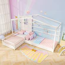 L-Shaped Double Twin Beds House Platform Beds W/ Window & Fences Ray - White - View 4