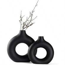 YSSM Wedding Medium Sized Ceramic Vase CupBlack Ceramic Donut Vase Set Of 2 Hollow Round Matte Pampas Flower Vases For Boho Home Wedding Party Room Dinner Table Shelf Decor.BlackTSS 1269 - 甜甜圈黑 - 查看 1