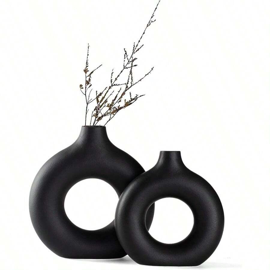 YSSM Wedding Medium Sized Ceramic Vase CupBlack Ceramic Donut Vase Set Of 2 Hollow Round Matte Pampas Flower Vases For Boho Home Wedding Party Room Dinner Table Shelf Decor.BlackTSS 1269 - 甜甜圈黑 - 查看 1