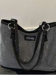 Borsa a tracolla capiente da donna, borsa shopping stile moda con strass, nera
