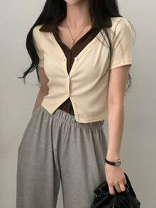 YCYC Korean Style Elegant Slimming 2 In 1 Short Sleeve Button-Up Top Summer - Apricot - View 4