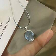 Bohemian Moonstone Neck Chain Gemstone Pendant Round Serpentine Chain Necklace Exquisite Oval Protein Stone Lock Bone Chain Necklace Blue Sapphire Jewelry Women's - 藍色 - 查看 8