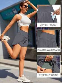 Women'S Athletic Running Shorts, Workout Gym, Elastic Waist Quick Dry Sports Shorts, High Waisted Yoga Workout Shorts With Mesh Liner Zipper Pockets - 藍色 - 查看 2