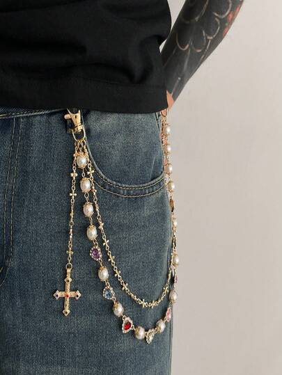 1pc Pearl Flower Pants Chain, High-End Style, Men's Hip-Hop, Multi-Layer Metal Cross Pendant Inlaid With Faux Pearl And Gemstone, Hip-Hop Punk Fashion Accessory, Can Be Used As Pants Chain, Keychain, Waist Decor, Suitable For Teenagers, Casual Outdoor, Sports, Vacation, Travel, Graduation Ceremony, Birthday, Daily Wear
