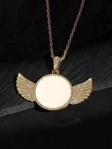 Personalized Rhinestone Studded Angel Wings Photo Necklace, Custom Photo Necklace, Hip Hop Photo Pendant, Iced Custom Round Photo Pendant, Silver, Stylish, Colorful, Vintage, Simple, Unisex, Casual, Cuties, Custom, Personalized, Unique, Ideal Gifts For Him, Ideal Gifts For Her, Her, Boyfriend, Girlfriend, Dad, Mom, Family, Friends, For Anniversaries, For Birthdays, For Graduation, For Prom, For Party, Stainless Steel Jewelry,Chic Autumn,Silver Stylish - Multicolor - View 4