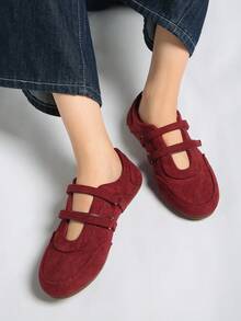 2025春季新款复古红色百搭魔术贴玛丽珍鞋，圆头平底休闲女鞋【尺码偏小，请参考尺码表】，芭蕾平底鞋