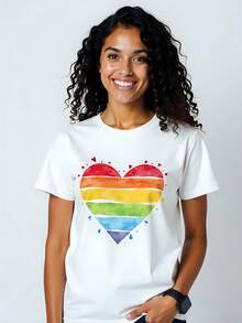 Camiseta de Mujer con Estampado de Corazón Multicolor, 180g, Negra, Algodón, Cuello Redondo, Manga Corta, Ideal para Eventos de Orgullo LGBTQ+ y Moda Casual, Cómoda y Versátil, Alta Calidad de Material. - Blanco - Ver 1