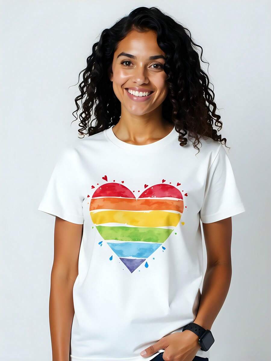Camiseta de Mujer con Estampado de Corazón Multicolor, 180g, Negra, Algodón, Cuello Redondo, Manga Corta, Ideal para Eventos de Orgullo LGBTQ+ y Moda Casual, Cómoda y Versátil, Alta Calidad de Material. - Blanco - Ver 1