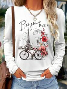Sudadera estampada de Paris, sudadera casual de manga larga con cuello redondo para otoño y primavera, ropa de mujer. - Blanco - Ver 1