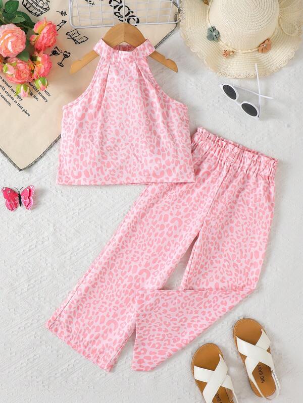 idolCat 2 pezzi/set Canotta e pantaloni a zampa larga estivi con stampa leopardo rosa per ragazze, per uso quotidiano, all'aperto e in vacanza