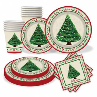 10/50pcs Green Christmas Tree Disposable Paper Plate, 7/9 Inch Dessert Plate, Cup, Napkin, Christmas Party, Christmas Tree Dinner, Suitable For Holiday Party Christmas Party Decoration, Suitable For 10 Guests
