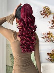 20 Inch Burgundy Water Wave Curly Ponytail Hair Extension, Soft & Natural, Synthetic Hair, For Women - Burgundy - View 8