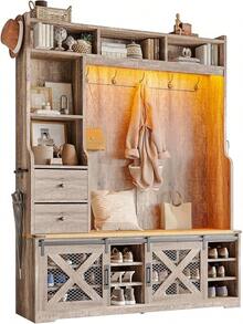 7-In-1 Farmhouse Hall Tree With Bench And Shoe Cabinet, LED Entryway Organizer With 2 Drawers, 12 Shoe Cubbies, Barn Doors And 7 Coat Racks - 灰色 - 查看 8