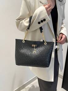 1 件涤纶鹿装饰大容量拉链闭合时尚单肩托特包，适合女性日常使用 - 黑色 - 查看 2