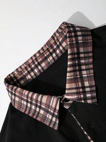 Men's Plaid Patchwork Single-Breasted Long Sleeve Shirt, Casual Business Attire - Black - View 4