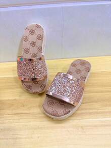 1 Pair Rope & Crystal Woven Slider Sandals For Kids, Summer Casual Indoor Outdoor Soft Bottom Non-Slip Beach Flip Flops - Beige - View 6