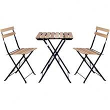 Set con 3 muebles de mesa y 2 sillas, para jardín, exterior, plegable, de metal y madera, para terraza en estilo retro, estructura de acero, tipo bistró, patas antideslizantes, para balcones y terrazas pequeños
