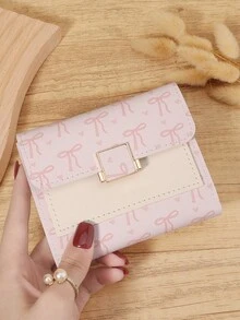 Pink Bow Love Pattern Fold Over Small Wallet Pocket Wallet Small Purse Bifold Slim Women Wallet Lightweight Portable Credit Card Key Case Short Wallet Cute Modern Fashion For Birthday Gift Christmas Anniversary Women Girls Lady,Business,For Anniversary,For Christmas,On Valentine Day,For Birthday Gift,For Gift,For Lover For Women,For Girls,For Lady,For Female,Bag School Supplies For School Dorm Room & Back To School - Pink - View 3