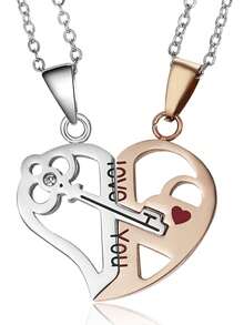1 par de colgantes de collar de pareja de acero inoxidable, estilo llavero con forma de corazón y circonita, colgante doble de 2 en 1 para pareja, regalo de pareja - Multicolor - Ver 20