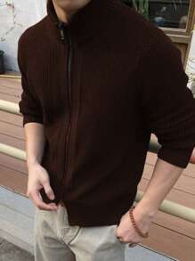 Men's Crew Neck Long Sleeve Front Open Chain Cardigan Sweater, Versatile Daily Wear Knit Top