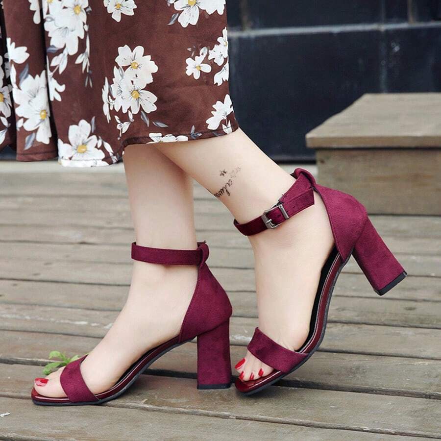 Sandalias de tacón alto para mujeres con tacones gruesos y dedos abiertos abrochados con tacones altos romanos - Burdeos - Ver 1