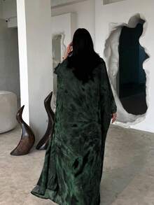 1 件优雅休闲粘胶雪纺扎染设计时尚开衫长袍 Abaya，优质面料，做工精良，时尚优雅 - 綠色 - 查看 4