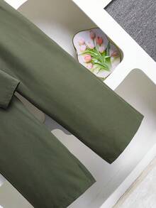 Left Mama Tween GirlsCasual Minimal Pleated Long Sleeve Shirt & Straight Pants Set, Spring/Autumn - Army Green - View 7