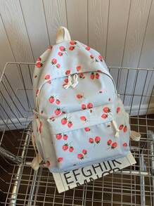1pc, Versatile, Fashionable, High-Value, Niche Design, Casual, Cute, Sweet, Hand-Held Backpack, Fabric Letter Strawberry Print, Adjustable Shoulder Strap, Large Capacity, Multi-Pocket Backpack, Suitable For Women'S Daily Commuting And Going Out For Shopping And Play
