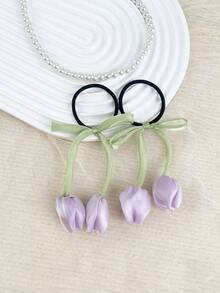 1条女士优雅郁金香花朵丝带发圈，高端花卉发绳，适合日常使用，可作马尾辫发圈、橡皮筋发带、发绳、弹性发圈 - 彩色 - 查看 10