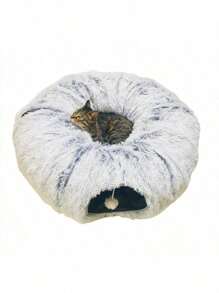 可折叠柔软猫隧道床带垫子，防刮，多功能灰色圆形猫床，舒适温馨，适合室内猫咪