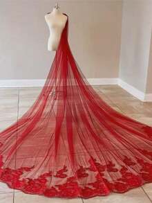 欧式黑色蕾丝长拖尾新娘披肩情人节配饰 - 紅色 - 查看 4