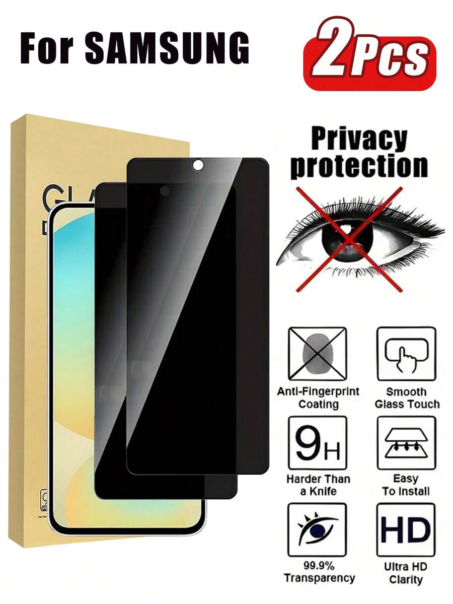 2 片装隐私钢化玻璃屏幕保护膜适用于 Galaxy S24 Fe S23fe S21 FE S20 FE A56 A55 A54 A36 A35 A26 A25 A23 A16 A15 A14 A13 A06，9H 硬度全覆盖手机保护膜，防摔、防指纹、超耐用 - 黑色 - 查看 1