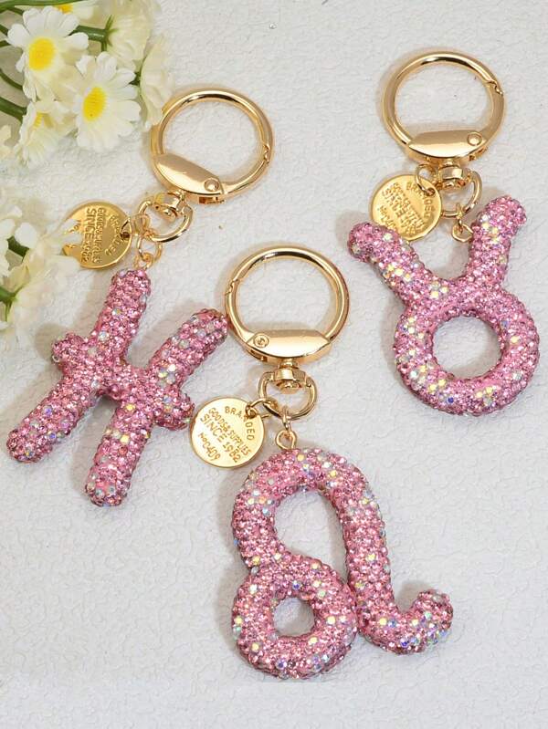 1pc Pink Soft Clay Rhinestone Zodiac Key Chain, Girlfriend/Friend Valentine's Day Gift School