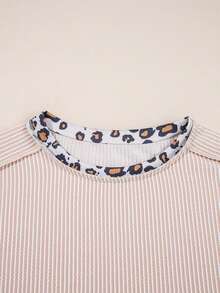 Acelitt Summer Solid Color Patchwork Leopard Print Collar Design Short Sleeve Round Neck T-Shirt - Multicolor - View 7