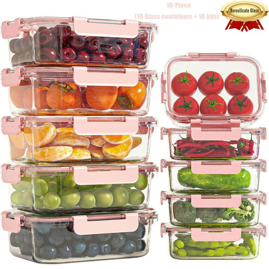 10/2pcs Set High Borosilicate Glass Food Storage & Meal Prep Containers Set With Airtight Lids - Microwave, Dishwasher, Oven & Freezer - 西瓜粉 - 查看 1