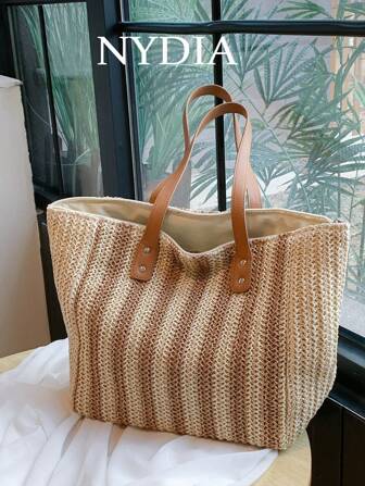 编织新款单肩休闲手提包带草编条纹大容量托特包时尚度假沙滩包