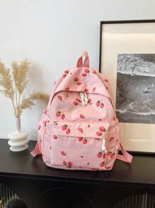 1pc, Versatile, Fashionable, High-Value, Niche Design, Casual, Cute, Sweet, Hand-Held Backpack, Fabric Letter Strawberry Print, Adjustable Shoulder Strap, Large Capacity, Multi-Pocket Backpack, Suitable For Women'S Daily Commuting And Going Out For Shopping And Play