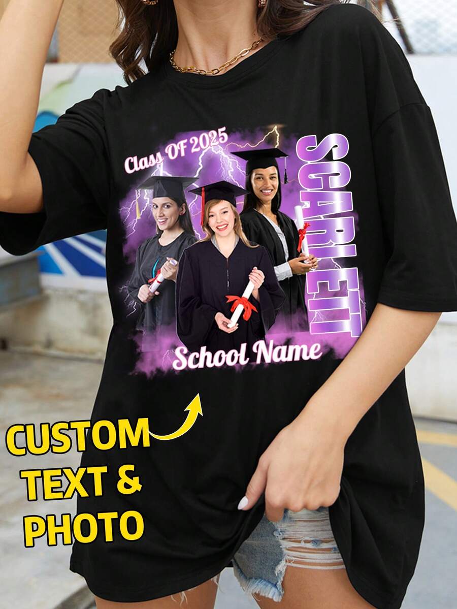 定制 Y2K 女式超大 T 恤，上传您的自拍/朋友/宠物照片，输入您的文字/祝福/姓名/有意义/有趣的文字，女士黑色休闲宽松短袖 T 恤，节日礼物，毕业礼物，返校礼物，音乐节欢呼，纪念礼物，创意礼物，情侣/好友搭配，团队建设制服，企业定制 - 黑色 - 查看 1