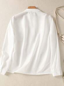 大码女式休闲纯色纽扣口袋长袖衬衫，宽松腰带上衣，适合秋冬春三季日常穿着 白色 - 白色 - 查看 4