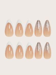 24片杏仁形美甲贴纸套装，瞬间提升您的美甲档次！简约优雅的白色法式风格，闪亮条纹，时尚裸色闪粉假指甲，全覆盖式美甲贴纸，适合女性和女孩。套装包含1张美甲贴纸、1个迷你指甲锉、1瓶果冻胶，随机发货。美甲用品 - 白色 - 查看 3