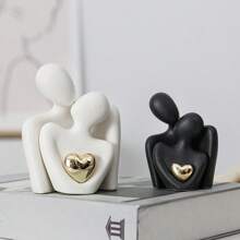 2pcs/1pc 3.35"X2.56" Heart-Shaped Golden Plated Abstract Artistic Ceramic Figurine, Embracing Couple Decoration For Wine Cabinet, Entrance Or Valentine's Day Festival Decoration, Home Decor