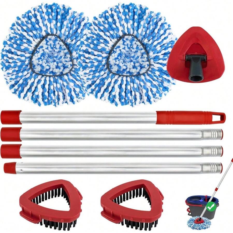 Complete Spin Mop Replacement Kit (Blue) – 2 Microfiber Mop Heads, 2 Scrub Brushes, 1 Base & 4-Section Extendable Handle | Compatible With O-Cedar EasyWring RinseClean 2-Tank System | Heavy-Duty Cleaning Refills For Floors, Tiles & Hard Surfaces | Quick-Release Easy Installation - Bộ 5 đầu lau nhà - Xem 1