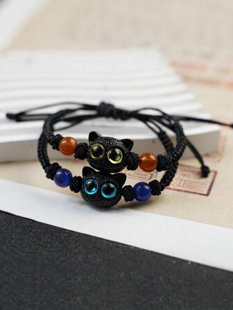 1pc Black Cat Beaded Handmade Braided Adjustable Bracelet, Versatile Decorative Accessory