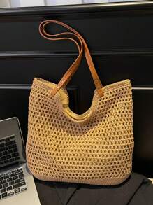 Sac à main de style vacances bord de mer à la mode et polyvalent avec un design ajouré grande capacité, léger et portable, style de sac de plage. Sac à bandoulière à double poignée, un sac de voyage indispensable, convient pour les vacances au bord de et les voyages.