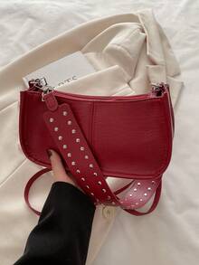 时尚复古长方形手提包，女士铆钉装饰腋下包，经典拉链单肩包，适合购物、钱包、购物、年轻女性、大学生、新人、白领。非常适合办公室、大学、工作、商务、通勤、户外活动、旅行和郊游