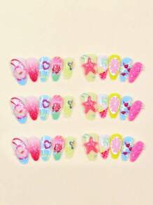 Summer Ocean Series Nails 60 Pieces (2 Mixes) Long Almond 3D Gel Nails Make Starfish Dolphin Shell Flower Nails With Pearl Decoration Design French Acrylic Press Nail Almonds Perfect Fit Fake Nail Set Includes: 1 Piece Jelly Glue & 1 Nail File, Easy To Wear Summer Nails & French Pointed Nail Art For Women & Girls For Daily Wear & Party Use
