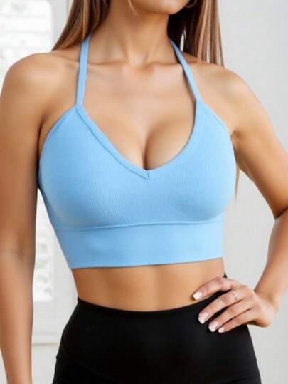 Piece Seamless Knit Ribbed Verleidelijke Bra, Wireless Cross Strap Backless Sports BH view 7