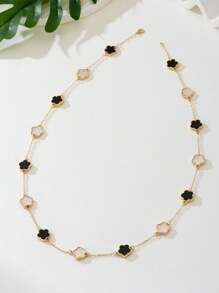 1pc Elegant Luxury Style Lucky Clover Black White Long Sweater Chain, Suitable For Women's Daily Or Party Wear