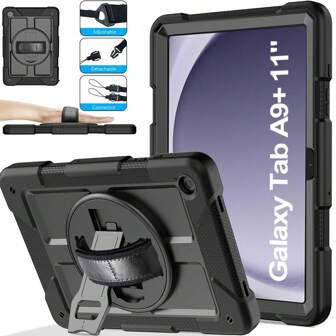 1 pieza Carcasa de tableta Galaxy Tab A9 Plus de 10.95/11 pulgadas con soporte giratorio de silicona + PC, resistente a golpes y rayones, grado militar, con soporte de 360°, asa giratorio, correa para el hombro y para la mano, camuflaje rosa + blanco